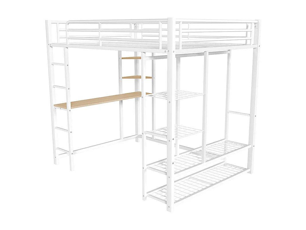 Lit mezzanine avec échelle 90*200 cm, lit d'enfant avec table et compartiment de rangement, blanc