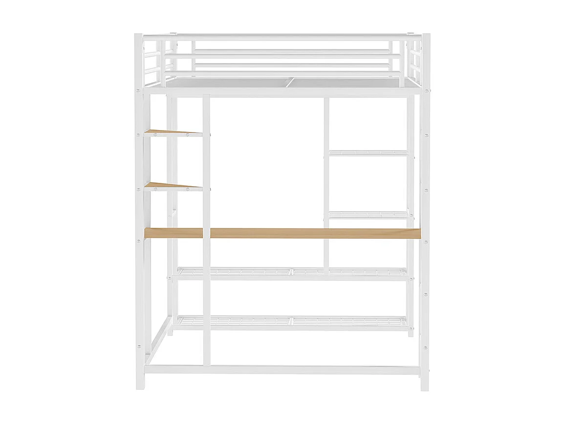 Lit mezzanine avec échelle 90*200 cm, lit d'enfant avec table et compartiment de rangement, blanc