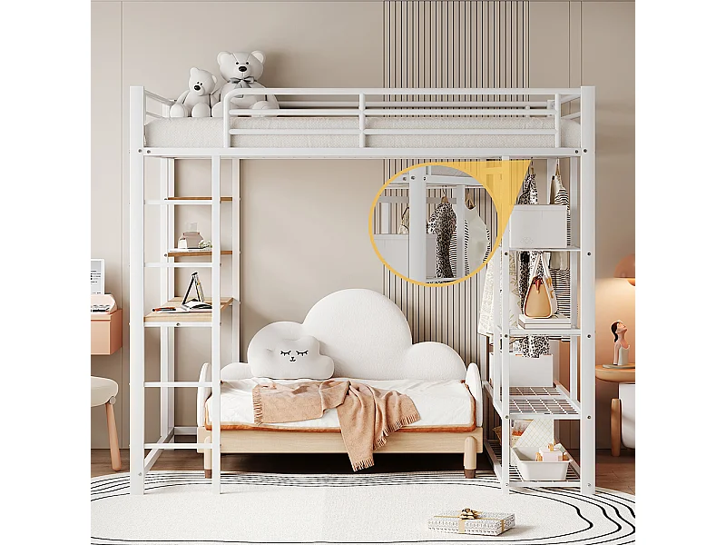 Lit mezzanine avec échelle 90*200 cm, lit d'enfant avec table et compartiment de rangement, blanc