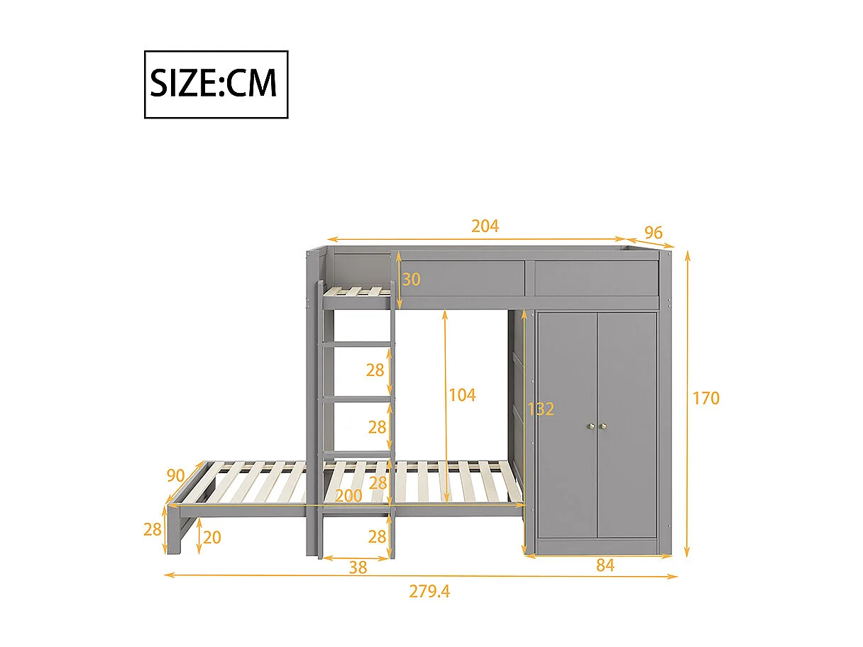 Lit superposé pour enfants 90*200 cm, avec marches de sécurité verticales, armoire, design high fence, gris