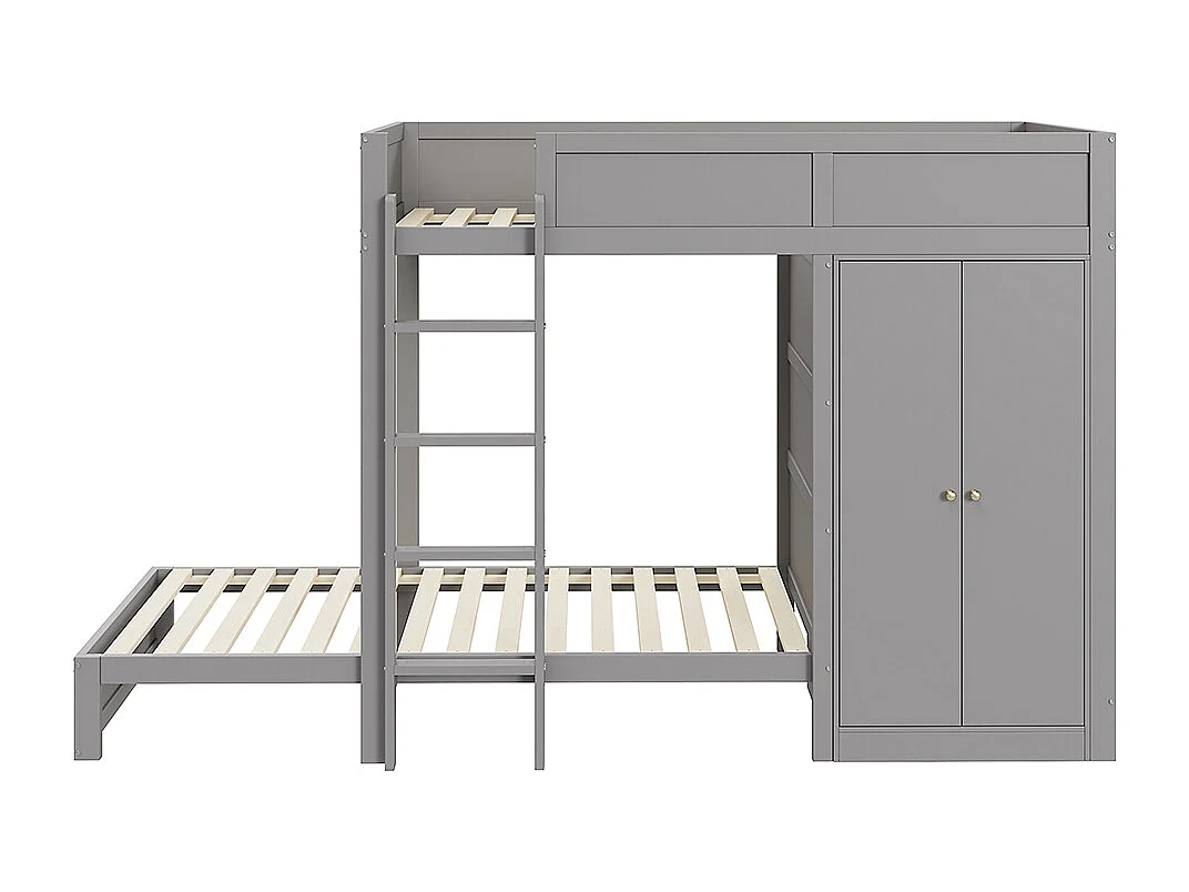 Lit superposé pour enfants 90*200 cm, avec marches de sécurité verticales, armoire, design high fence, gris