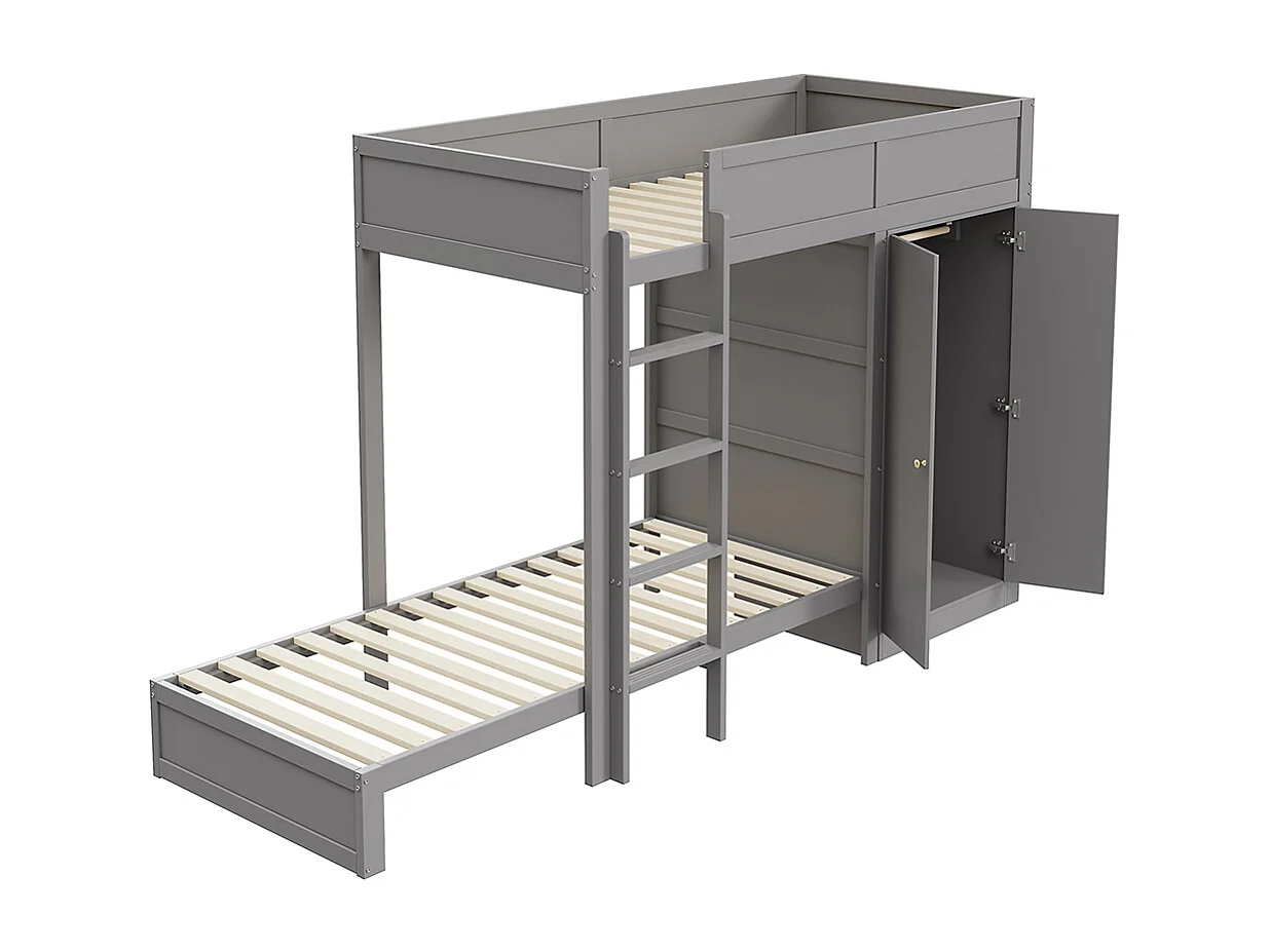 Lit superposé pour enfants 90*200 cm, avec marches de sécurité verticales, armoire, design high fence, gris