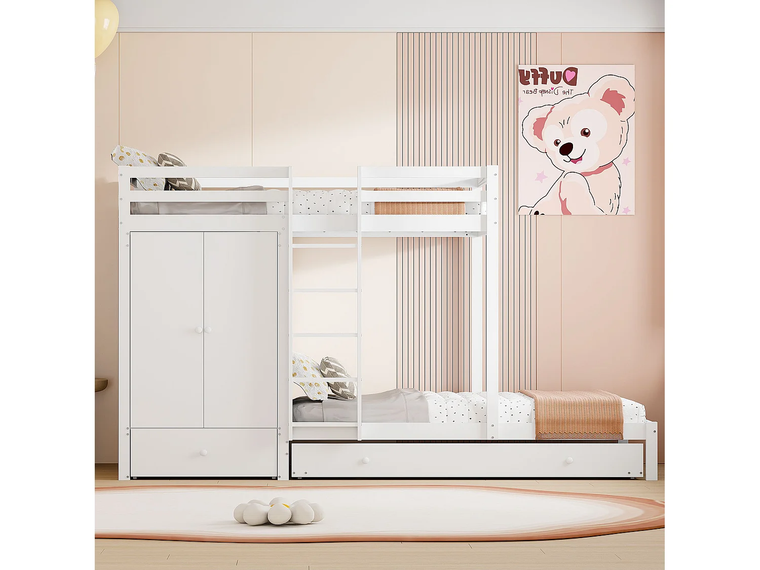 90*200 Massivholzlampe mit Tischlampe, multifunktionale Kinderlampe mit Kleiderschrank, Drehtüren und Einrichtungsgegenständen, gris