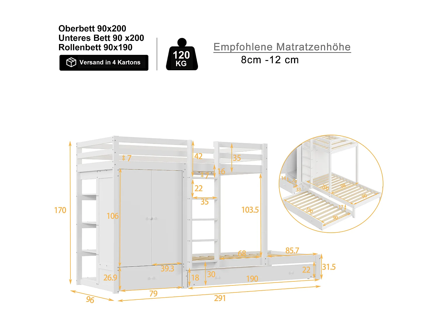 90*200 Massivholzlampe mit Tischlampe, multifunktionale Kinderlampe mit Kleiderschrank, Drehtüren und Einrichtungsgegenständen, gris