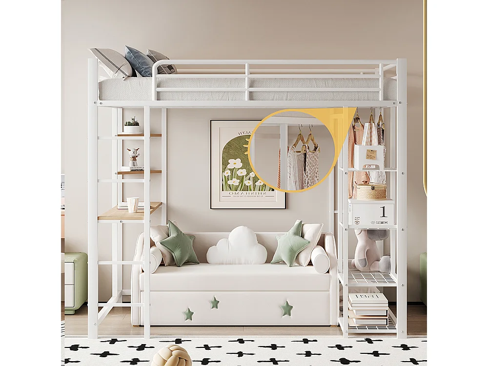 Lit mezzanine en métal avec échelle 140*200 cm, lit double avec cintres simples et compartiments de rangement, blanc