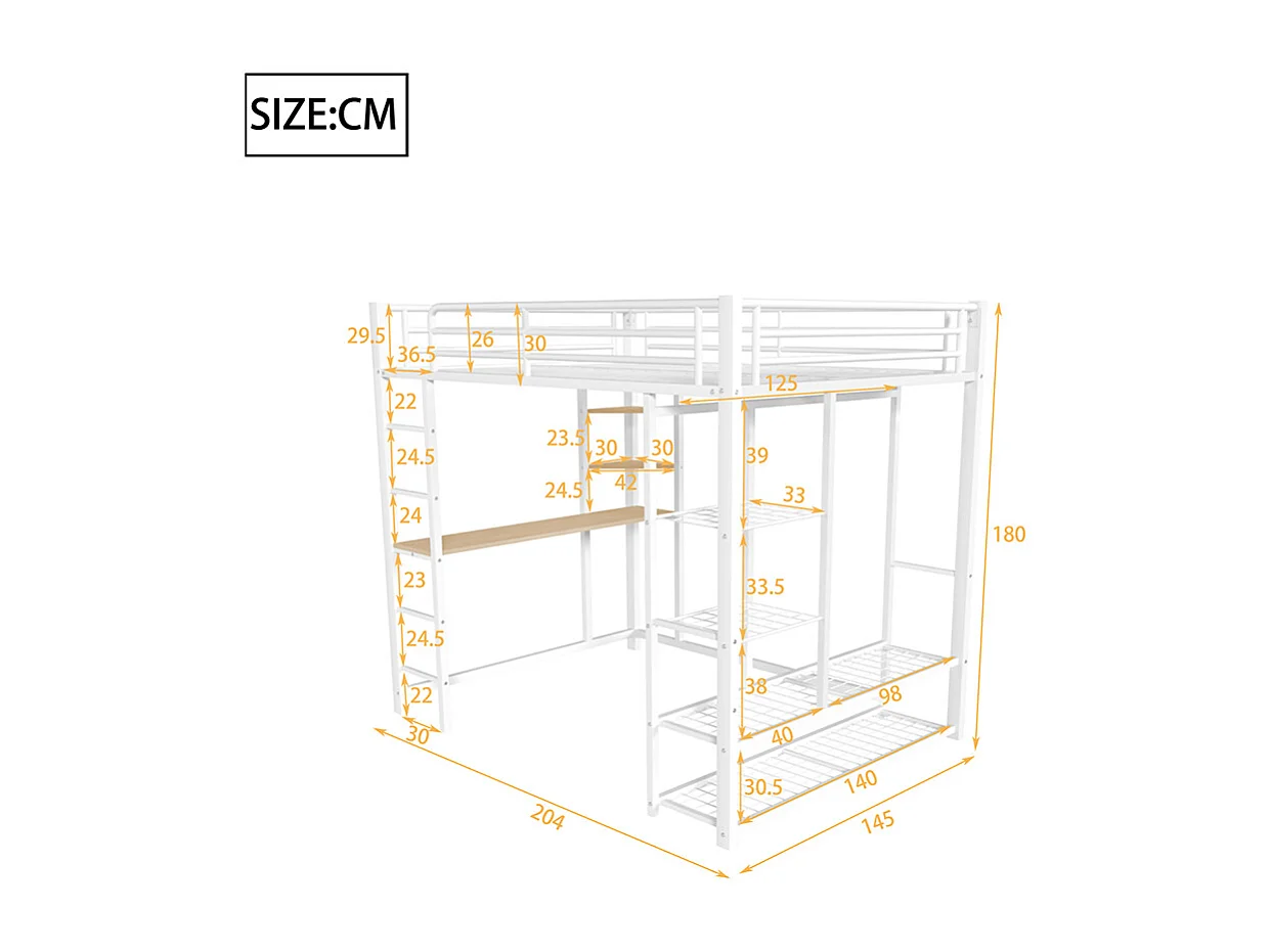 Lit mezzanine en métal avec échelle 140*200 cm, lit double avec cintres simples et compartiments de rangement, blanc