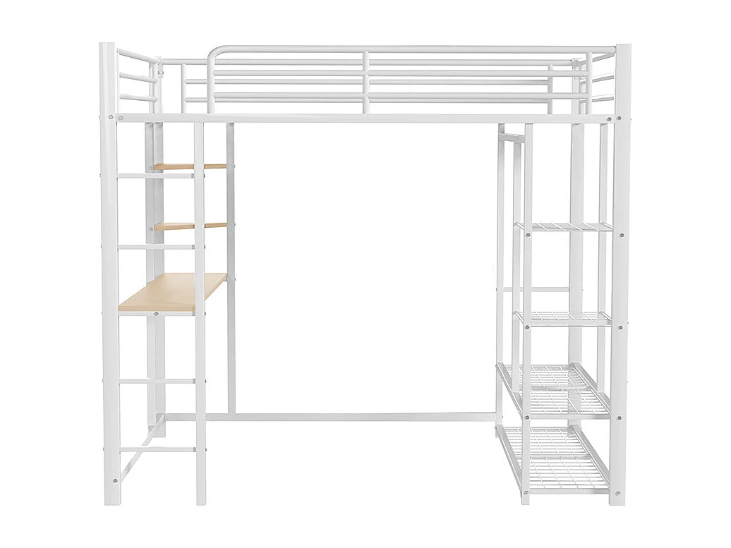 Lit mezzanine en métal avec échelle 140*200 cm, lit double avec cintres simples et compartiments de rangement, blanc