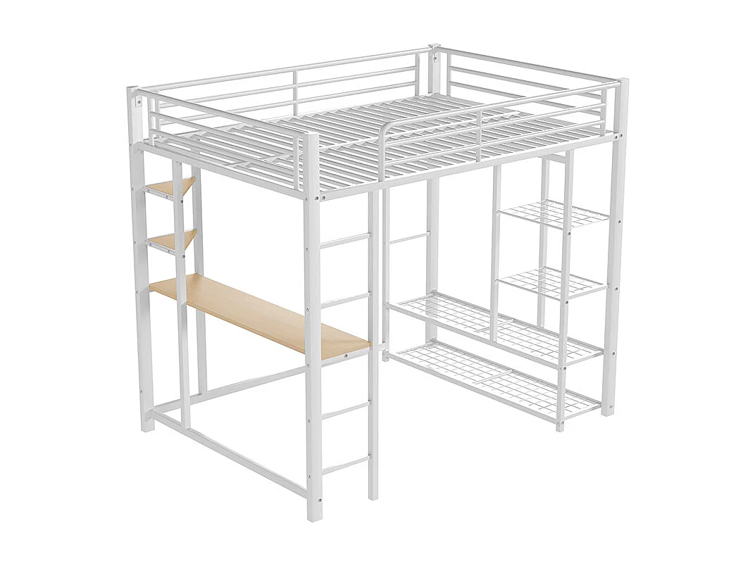 Lit mezzanine en métal avec échelle 140*200 cm, lit double avec cintres simples et compartiments de rangement, blanc