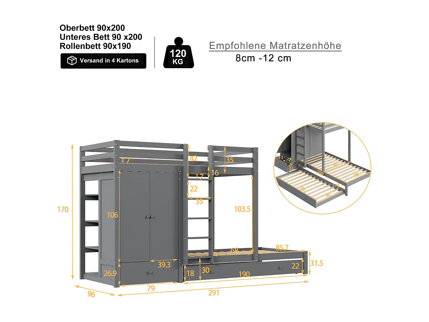 90*200 Lit superposé en bois massif avec lit escamotable, kinderlamp multifonctionnel met armoire, tiroirs et compartiments de rangement, blanc