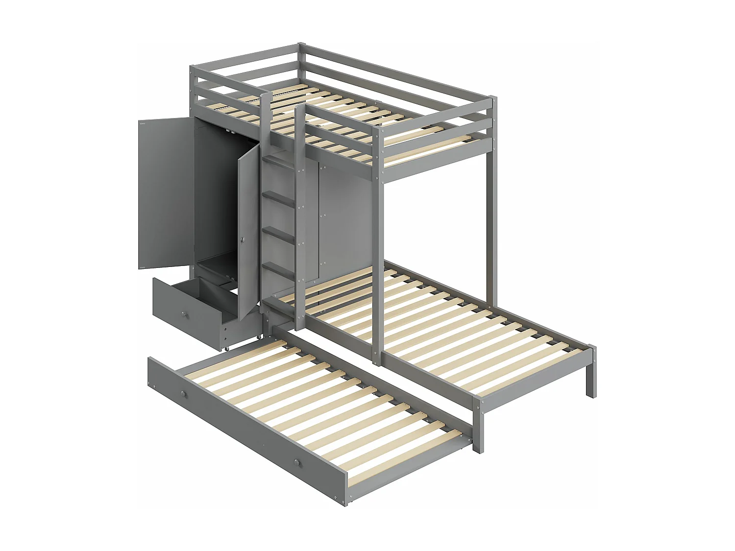 90*200 Lit superposé en bois massif avec lit escamotable, kinderlamp multifonctionnel met armoire, tiroirs et compartiments de rangement, blanc