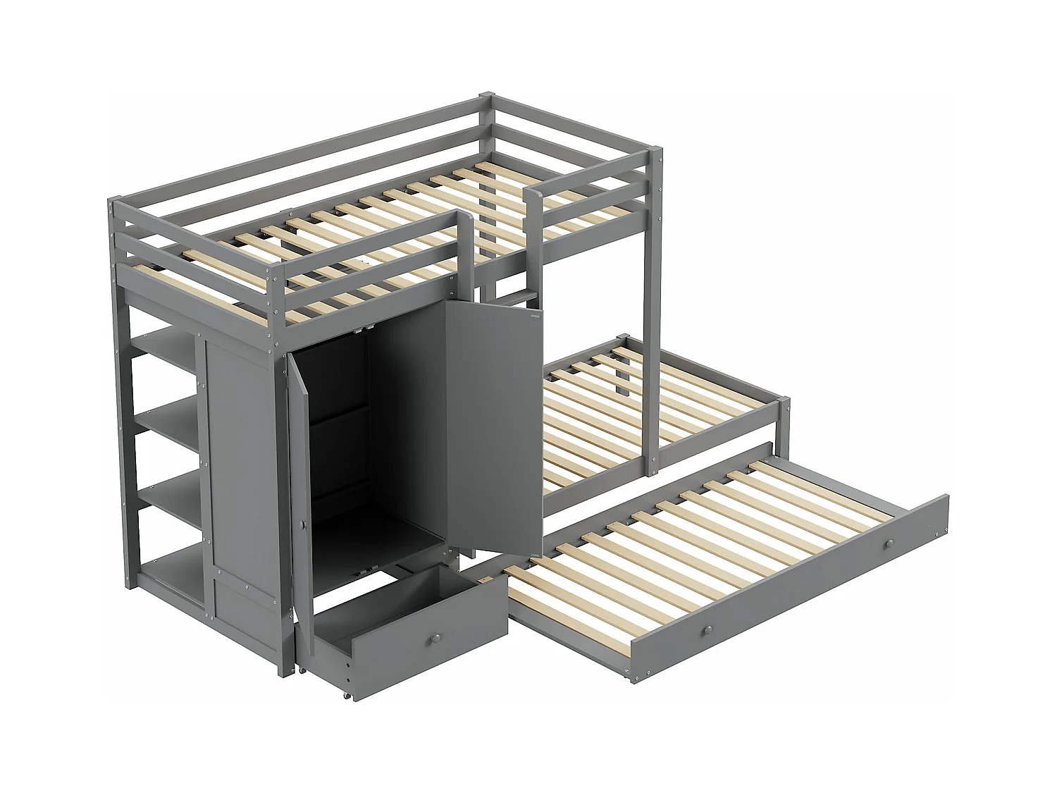 90*200 Lit superposé en bois massif avec lit escamotable, kinderlamp multifonctionnel met armoire, tiroirs et compartiments de rangement, blanc