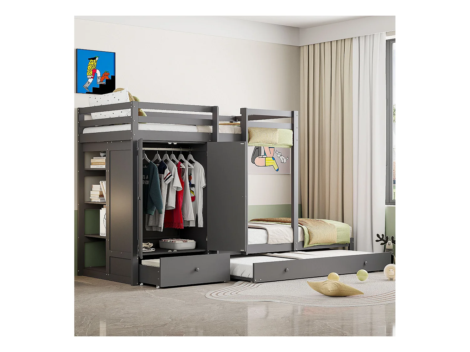 90*200 Lit superposé en bois massif avec lit escamotable, lit d'enfant multifonctionnel avec armoire, tiroirs et compartiments de rangement, blanc