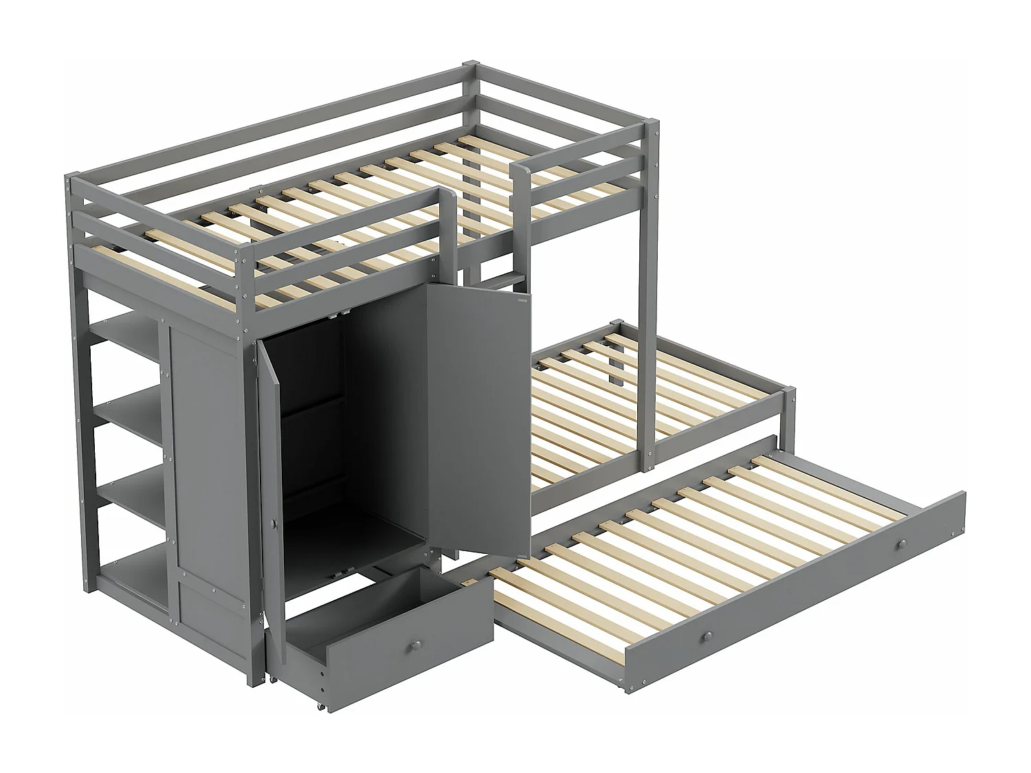 90*200 Lit superposé en bois massif avec lit escamotable, kinderlamp multifonctionnel met armoire, tiroirs et compartiments de rangement, blanc