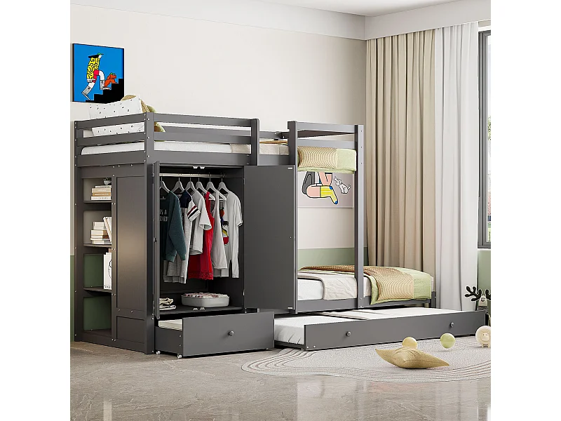 90*200 Lit superposé en bois massif avec lit escamotable, lit d'enfant multifonctionnel avec armoire, tiroirs et compartiments de rangement, blanc