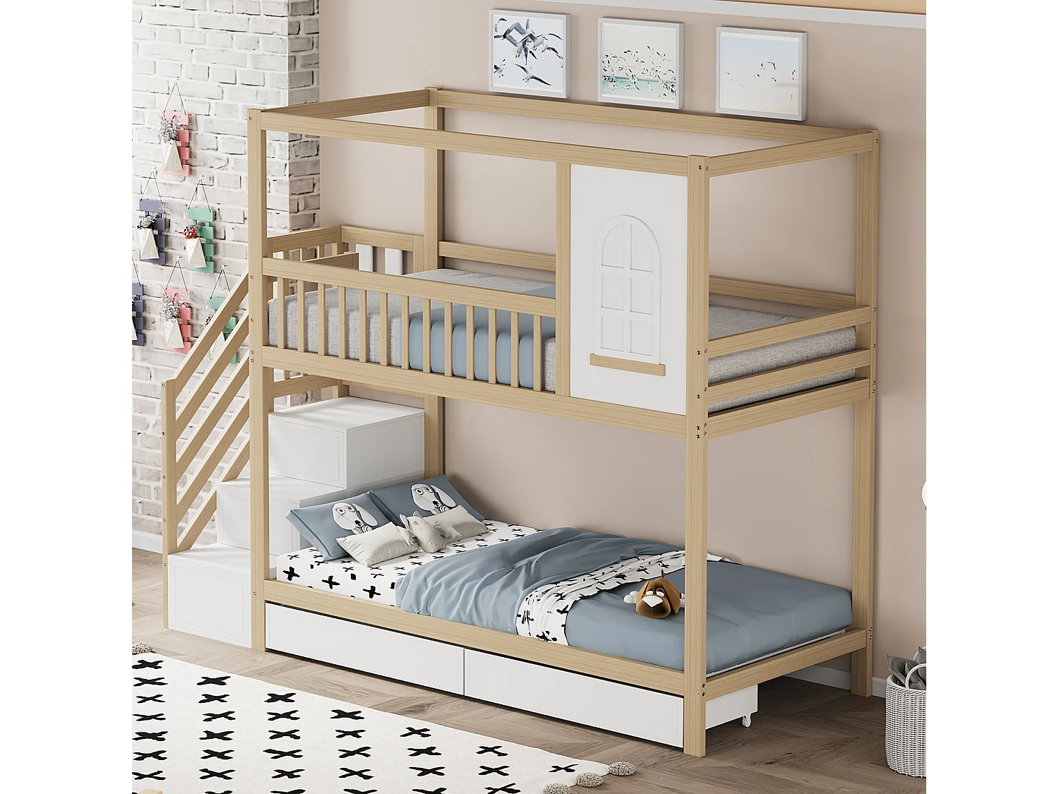 Etagenbett für Kinder 90*200 cm, Hausform mit Fenster, mit Stauraumschubladen und Sicherheitsleiter, Farbe Naturholz