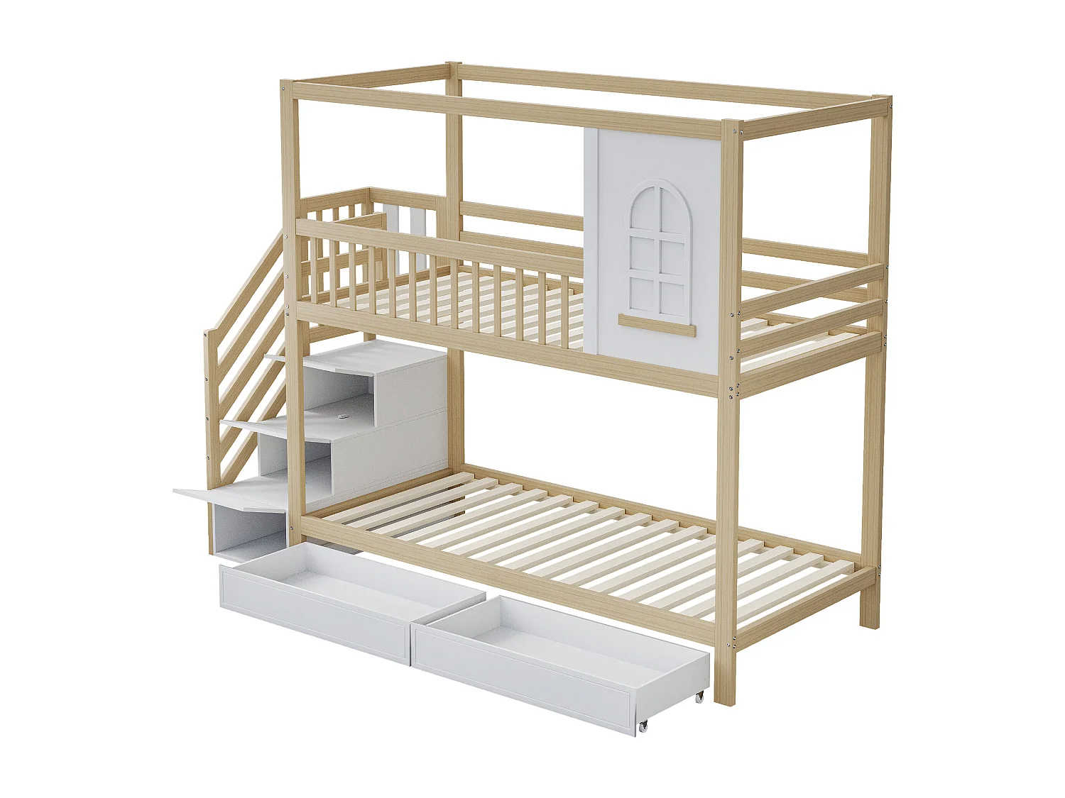 Etagenbett für Kinder 90*200 cm, Hausform mit Fenster, mit Stauraumschubladen und Sicherheitsleiter, Farbe Naturholz