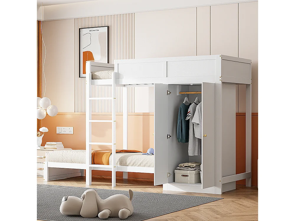 Lit superposé pour enfants 90*200 cm, avec marches de sécurité verticales, armoire, design high fence, blanc