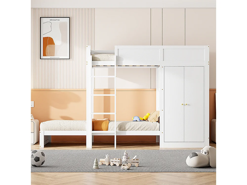 Lit superposé pour enfants 90*200 cm, avec marches de sécurité verticales, armoire, design high fence, blanc