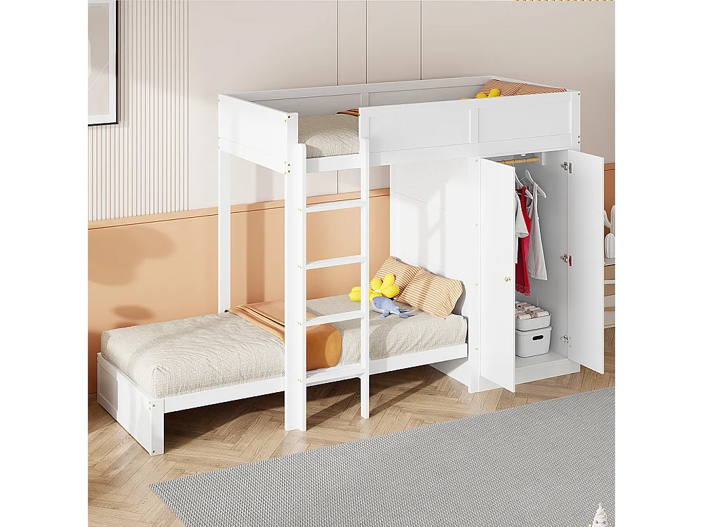Lit superposé pour enfants 90*200 cm, avec marches de sécurité verticales, armoire, design high fence, blanc