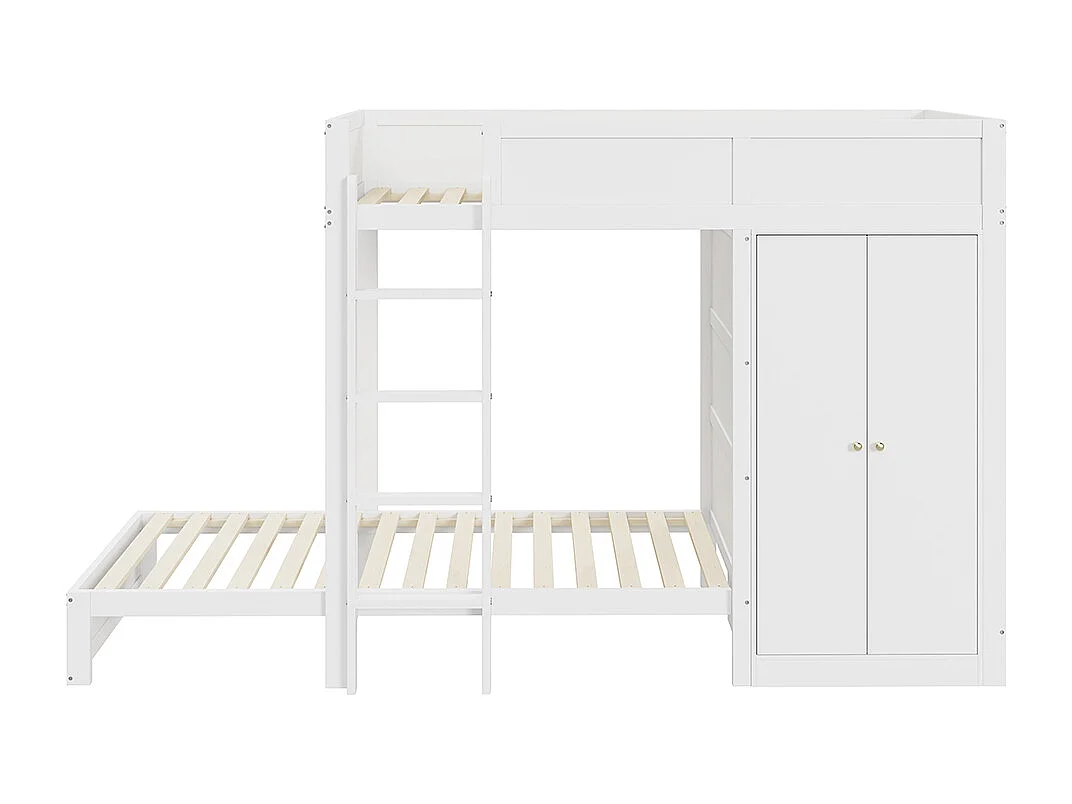 Lit superposé pour enfants 90*200 cm, avec marches de sécurité verticales, armoire, design high fence, blanc