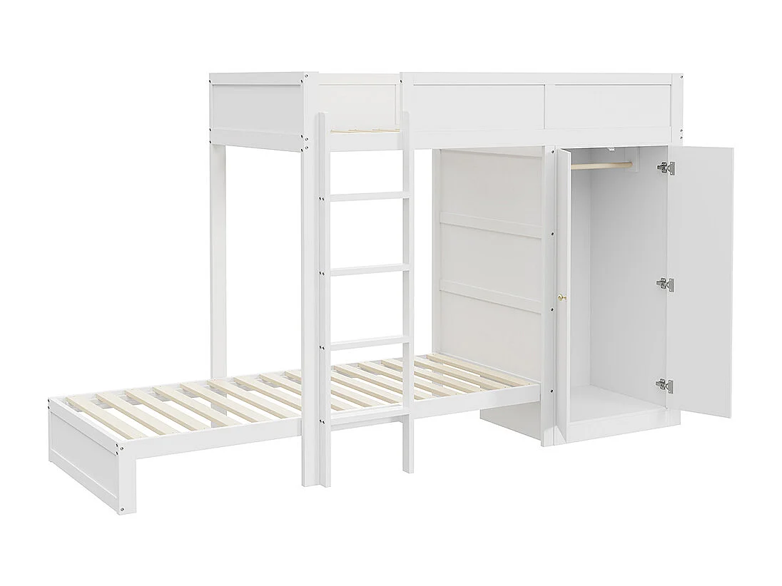 Lit superposé pour enfants 90*200 cm, avec marches de sécurité verticales, armoire, design high fence, blanc