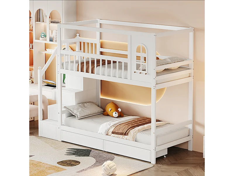 Lit superposé pour enfants 90*200 cm, forme maison avec fenêtre, avec tiroirs de rangement et échelle de sécurité, blanc
