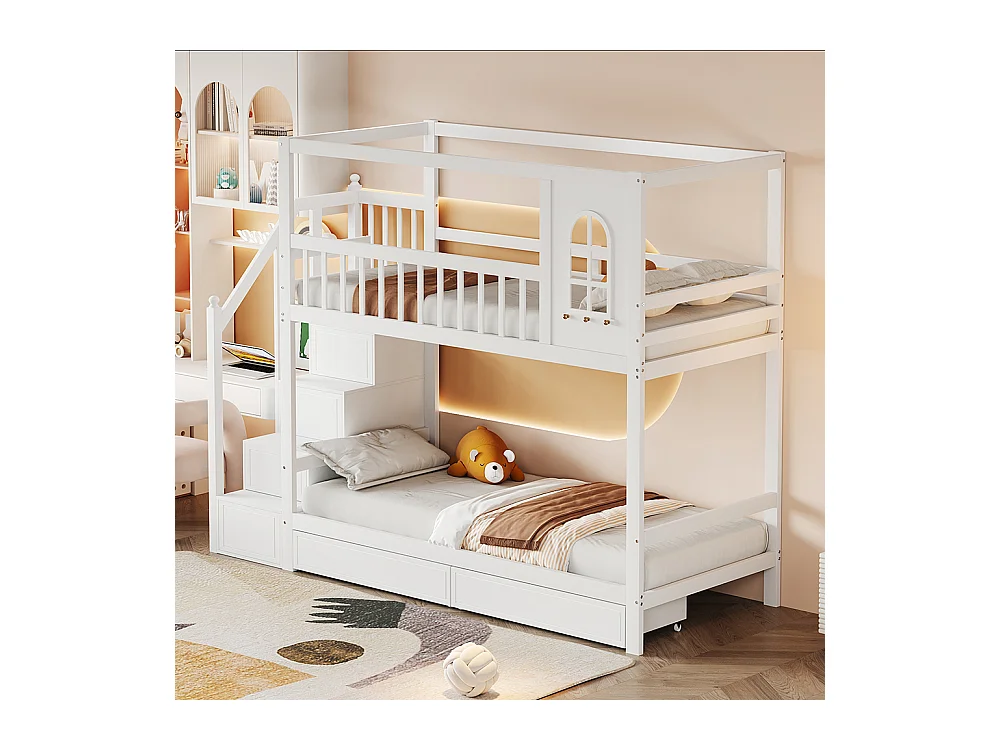 Lit superposé pour enfants 90*200 cm, forme maison avec fenêtre, avec tiroirs de rangement et échelle de sécurité, blanc