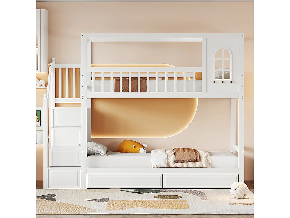 Lit superposé pour enfants 90*200 cm, forme maison avec fenêtre, avec tiroirs de rangement et échelle de sécurité, blanc