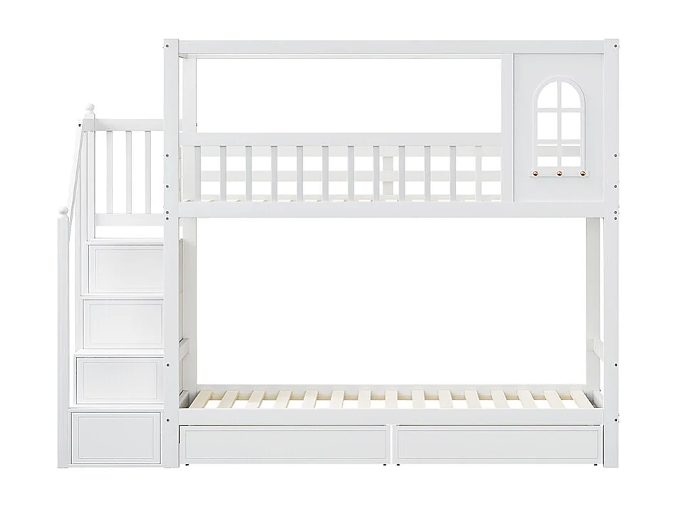 Lit superposé pour enfants 90*200 cm, forme maison avec fenêtre, avec tiroirs de rangement et échelle de sécurité, blanc