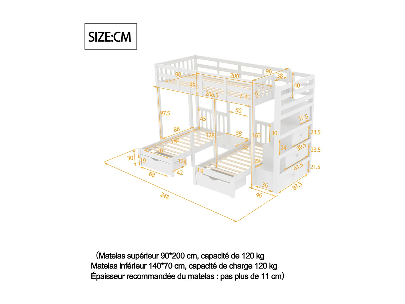 Lit d'enfant en bois massif 90*200 cm, lit superposé avec échelle de sécurité et table de chevet, design rail de sécurité, gris