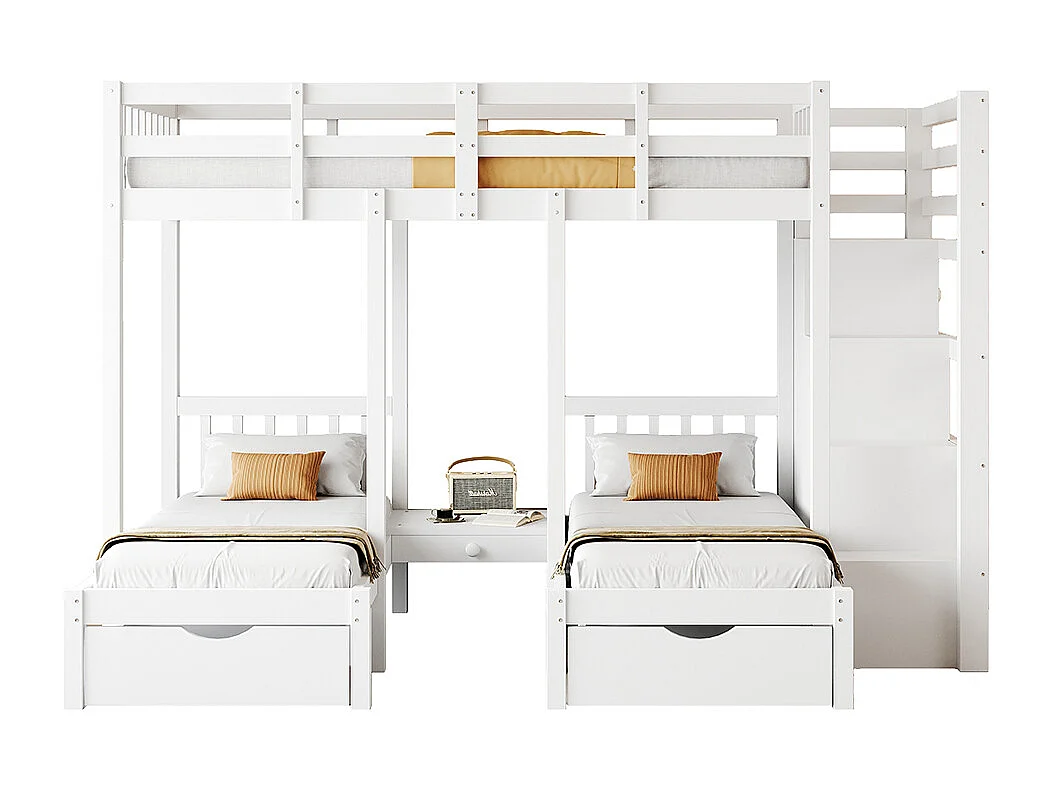 Lit d'enfant en bois massif 90*200 cm, lit superposé avec échelle de sécurité et table de chevet, design rail de sécurité, gris