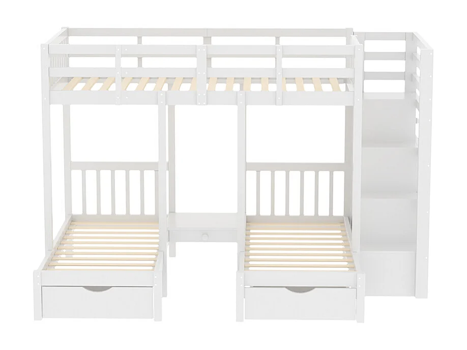 Lit d'enfant en bois massif 90*200 cm, lit superposé avec échelle de sécurité et table de chevet, design rail de sécurité, gris