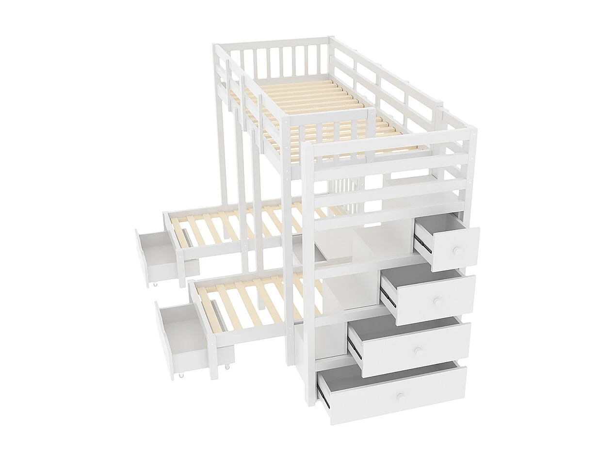 Lit d'enfant en bois massif 90*200 cm, lit superposé avec échelle de sécurité et table de chevet, design rail de sécurité, gris