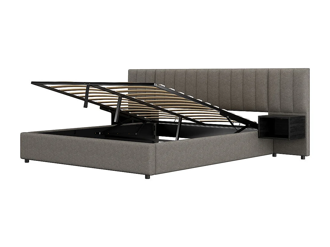 Lit rembourré 180 x 200 cm, avec deux tables de chevet avec espace de rangement, lin, gris + noir