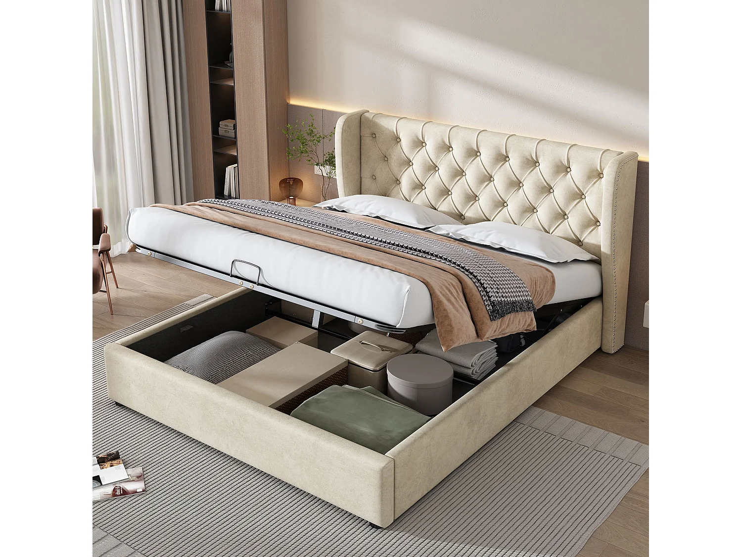 Lit rembourré en forme d'oreille,velours,Lit double,140*190,Lit fonctionnel hydraulique avec sommier à lattes et espace de rangement,beige