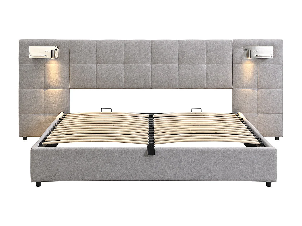 Lit rembourré 180 x 200 cm, avec port USB, chargeur sans fil et lumière, avec espace de rangement, lin, gris