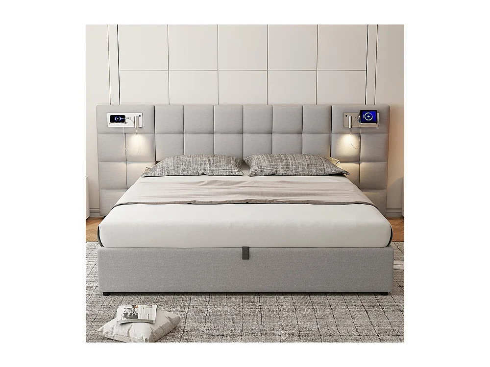 Lit rembourré 180 x 200 cm, avec port USB, chargeur sans fil et lumière, avec espace de rangement, lin, gris