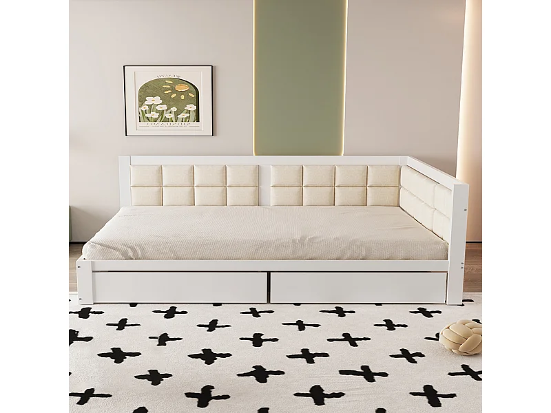 Lit en bois rembourré 140x200 cm, dossier mou moulé, grands tiroirs de rangement, lit simple en pin, blanc