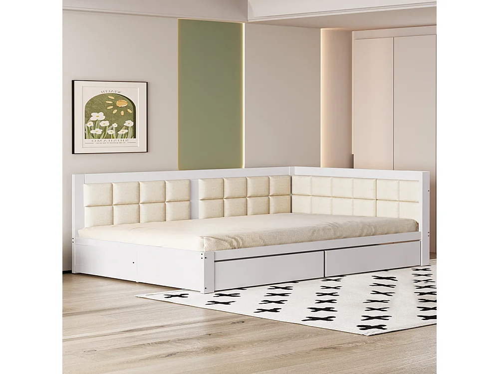 Lit en bois rembourré 140x200 cm, dossier mou moulé, grands tiroirs de rangement, lit simple en pin, blanc