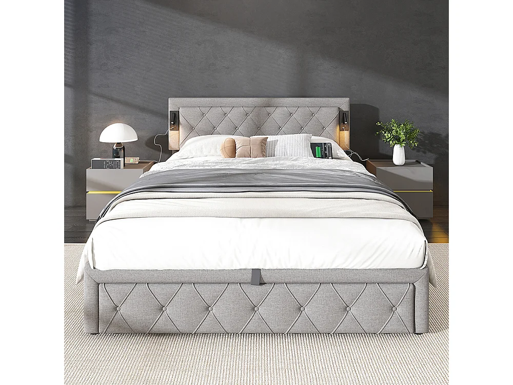 160*200 Lit tapissé avec éclairage d'appoint et port USB, lit de rangement, double, lin, gris