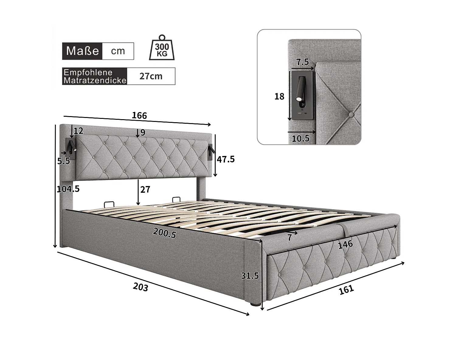 160*200 Lit tapissé avec éclairage d'appoint et port USB, lit de rangement, double, lin, gris