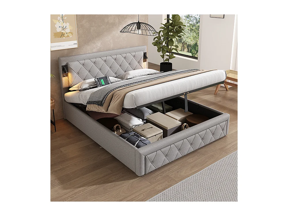 160*200 Lit tapissé avec éclairage d'appoint et port USB, lit de rangement, double, lin, gris