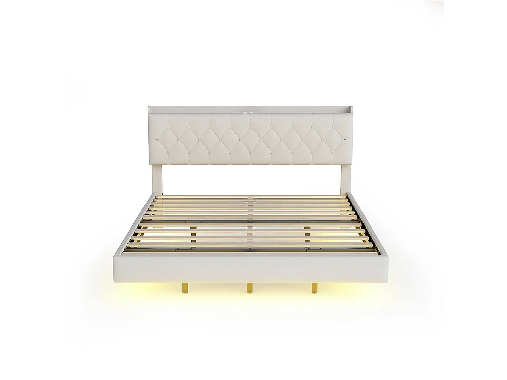 Lit rembourré 140*200 cm, avec port de charge USB et bandeau changeur de couleurs LED, double, lin, beige