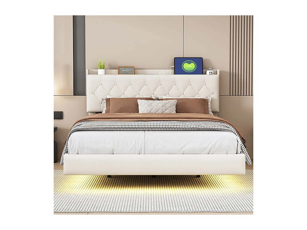 Lit rembourré 140*200 cm, avec port de charge USB et bandeau changeur de couleurs LED, double, lin, beige