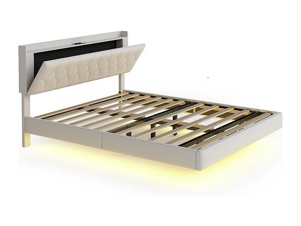 Licht rembourré 160*200 cm, met USB laadpoort en bandeau changeur de couleurs LED, dubbel, lin, beige