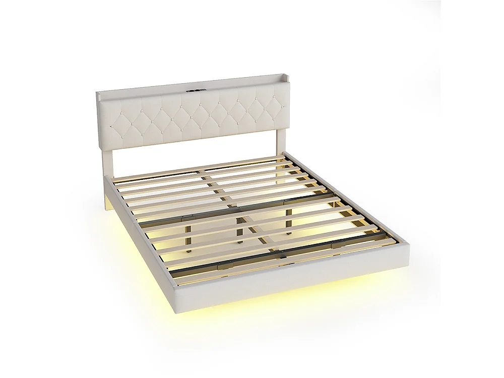 Licht rembourré 160*200 cm, met USB laadpoort en bandeau changeur de couleurs LED, dubbel, lin, beige