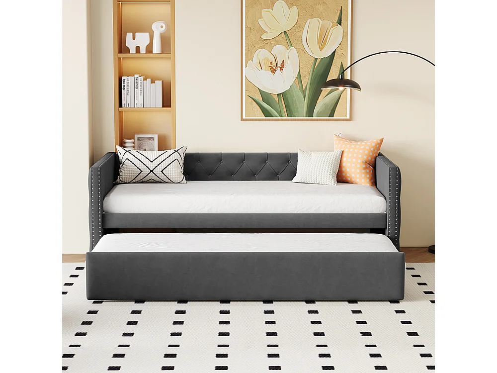 Canapé-lit extensible 90*200 cm, form classique avec boutons, tissu velours, gris (matelas non inclus).