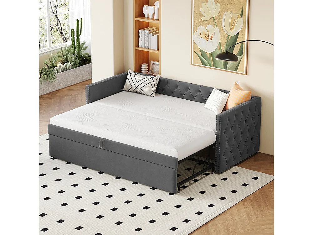 Canapé-lit extensible 90*200 cm, form classique avec boutons, tissu velours, gris (matelas non inclus).