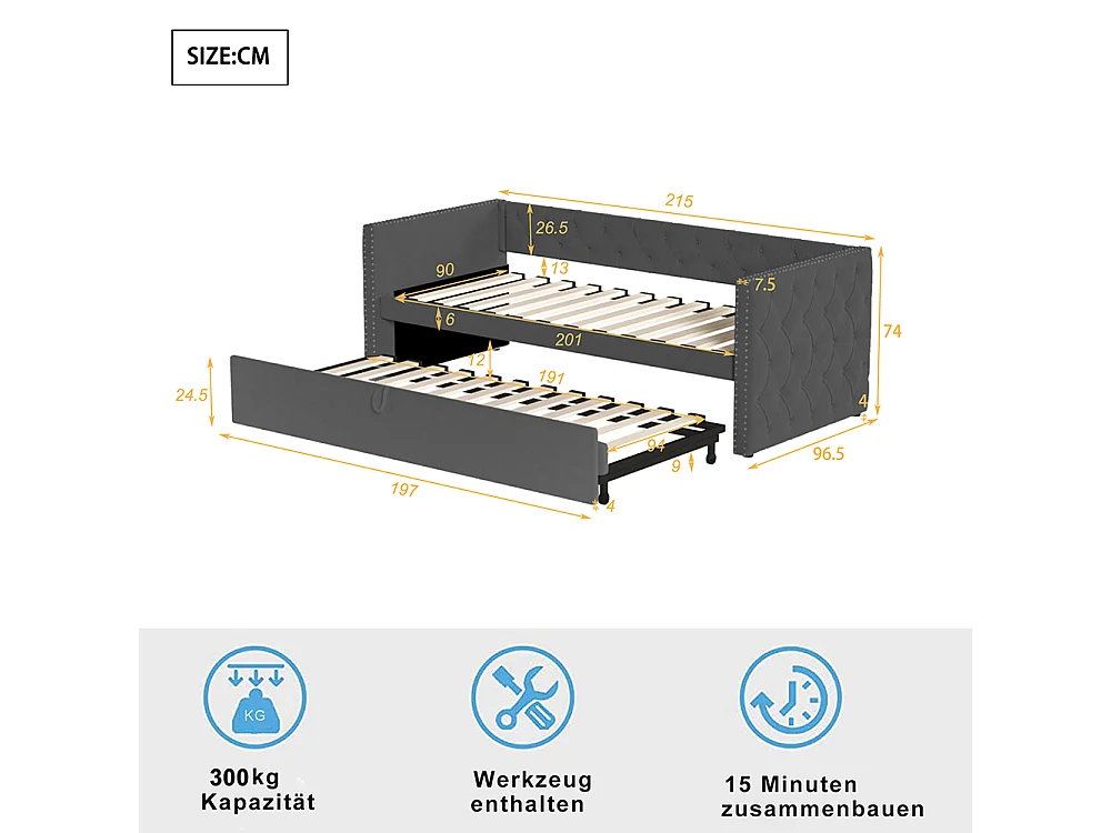 Canapé-lit extensible 90*200 cm, form classique avec boutons, tissu velours, gris (matelas non inclus).