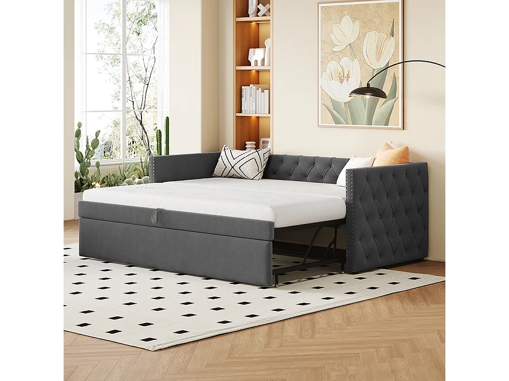 Canapé-lit extensible 90*200 cm, form classique avec boutons, tissu velours, gris (matelas non inclus).
